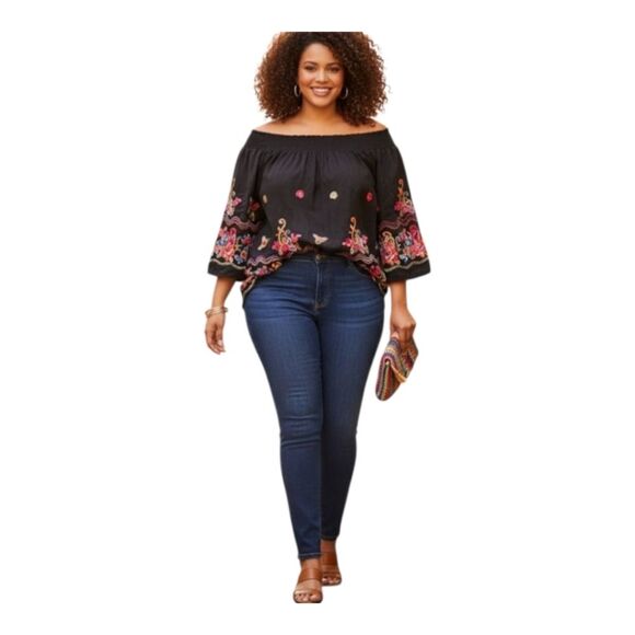 Colorful Bright Embroidered Cotton Blouse Top Smocked Off Shoulder Black XXL 2X - Picture 3 of 14